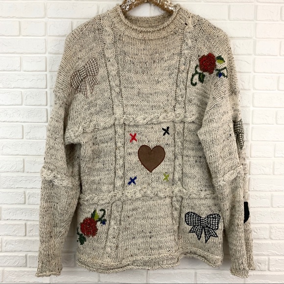 Vintage Sweaters - Vintage 80s chunky embroidered patch sweater cable